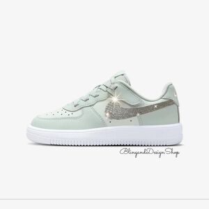 Girls Green Nike Force 1 Low Easy On Bling Sneakers Shoes Customized For Kids